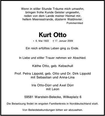 Traueranzeige von Kurt Otto von Tageszeitung