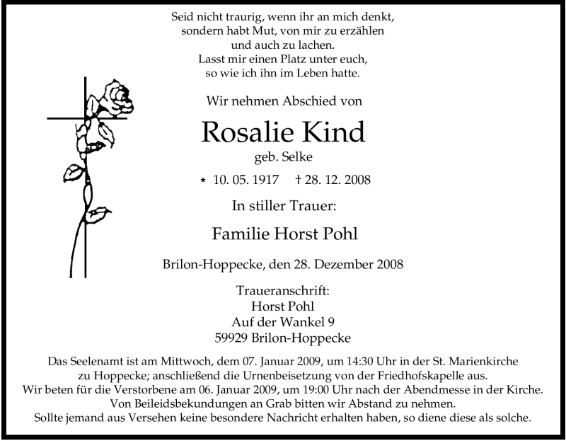  Traueranzeige für Rosalie Kind vom 02.01.2009 aus Tageszeitung