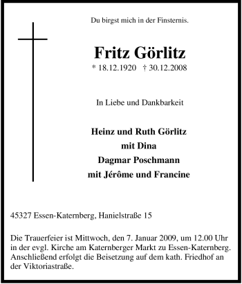 Traueranzeige von Fritz Görlitz von Tageszeitung