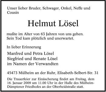 Traueranzeige von Helmut Lösel von Tageszeitung