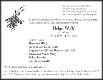Traueranzeige von Helga Wolff von Tageszeitung