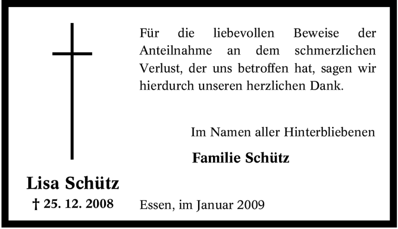  Traueranzeige für Lisa Schütz vom 17.01.2009 aus Tageszeitung