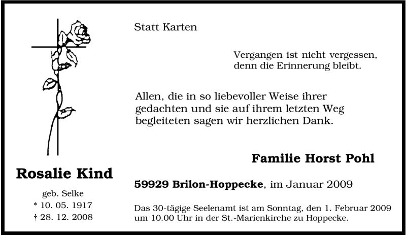  Traueranzeige für Rosalie Kind vom 26.01.2009 aus Tageszeitung