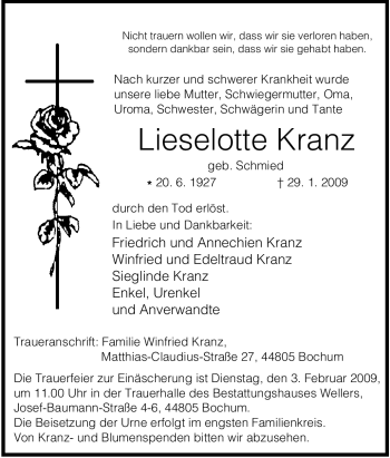 Traueranzeige von Lieselotte Kranz von Tageszeitung