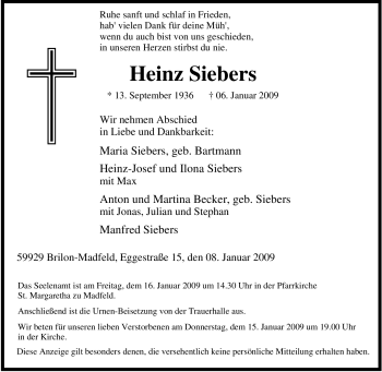 Traueranzeige von Heinz Siebers von Tageszeitung