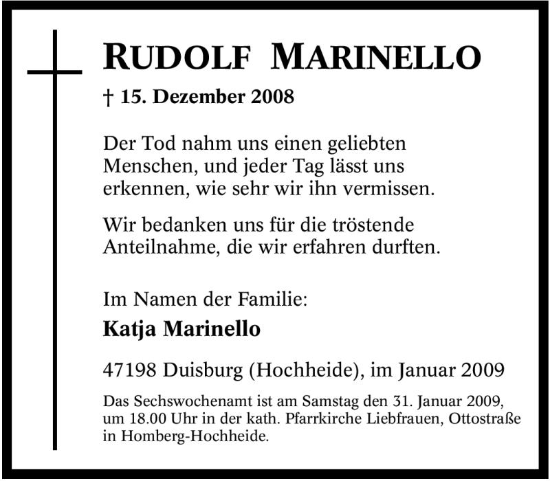  Traueranzeige für Rudolf Marinello vom 17.01.2009 aus Tageszeitung