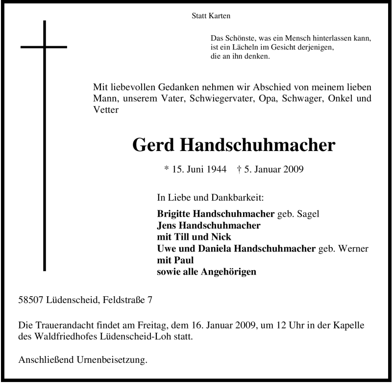  Traueranzeige für Gerd Handschuhmacher vom 10.01.2009 aus Tageszeitung