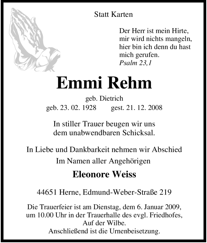  Traueranzeige für Emmi Rehm vom 03.01.2009 aus Tageszeitung
