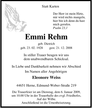 Traueranzeige von Emmi Rehm von Tageszeitung