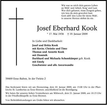 Traueranzeige von Josef Eberhard Kook von Tageszeitung