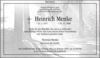 Traueranzeige von Heinrich Menke von Tageszeitung