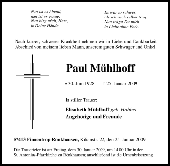 Traueranzeige von Paul Mühlhoff von Tageszeitung