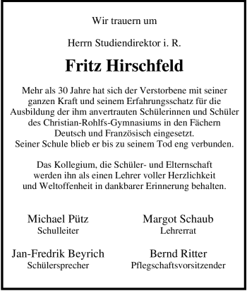 Traueranzeige von Fritz Hirschfeld von Tageszeitung