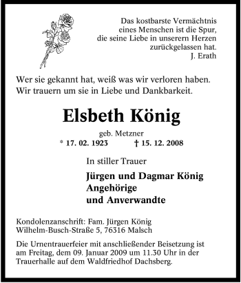 Traueranzeige von Elsbeth König von Tageszeitung