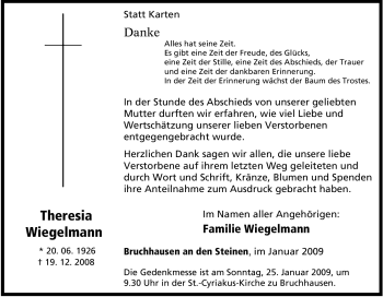 Traueranzeige von Theresia Wiegelmann von Tageszeitung