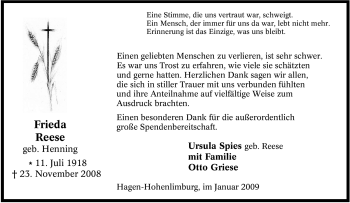 Traueranzeige von Frieda Reese von Tageszeitung