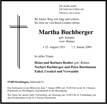 Traueranzeige von Martha Buchberger von Tageszeitung