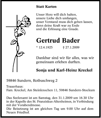 Traueranzeige von Gertrud Bader von Tageszeitung