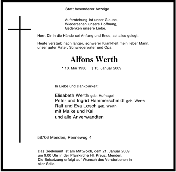 Traueranzeige von Alfons Werth von Tageszeitung