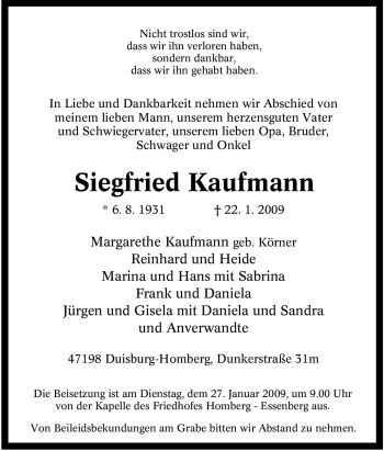 Traueranzeige von Siegfried Kaufmann von Tageszeitung