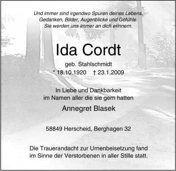 Traueranzeige von Ida Cordt von Tageszeitung