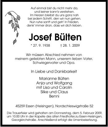 Traueranzeige von Josef Bülten von Tageszeitung