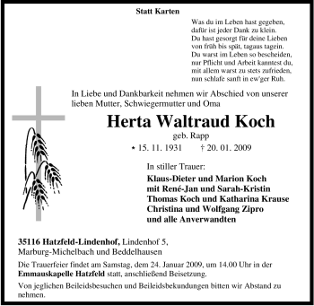 Traueranzeige von Herta Waltraud Koch von Tageszeitung
