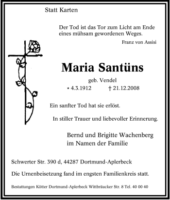 Traueranzeige von Maria Santüns von Tageszeitung