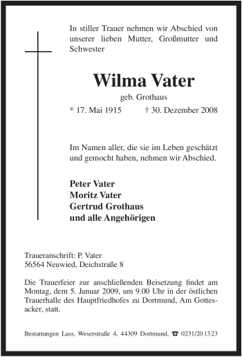 Traueranzeige von Wilma Vater von Tageszeitung