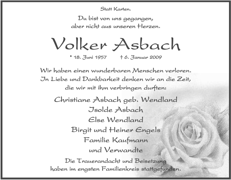  Traueranzeige für Volker Asbach vom 10.01.2009 aus Tageszeitung