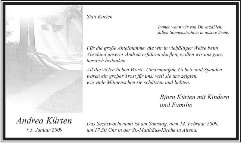  Traueranzeige für Andrea Kürten vom 31.01.2009 aus Tageszeitung