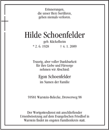 Traueranzeige von Hilde Schoenfelder von Tageszeitung