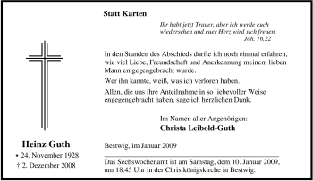 Traueranzeige von Heinz Guth von Tageszeitung