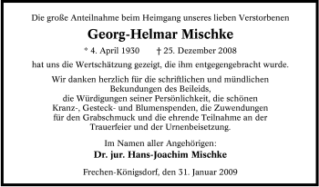 Traueranzeige von Georg-Helmar Mischke von Tageszeitung