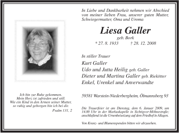 Traueranzeige von Liesa Galler von Tageszeitung