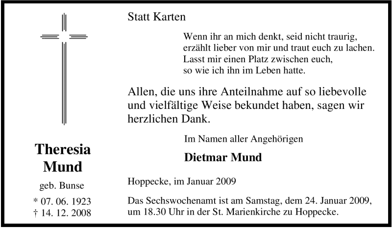  Traueranzeige für Theresia Mund vom 17.01.2009 aus Tageszeitung