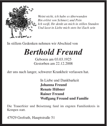 Traueranzeige von Berthold Freund von Tageszeitung