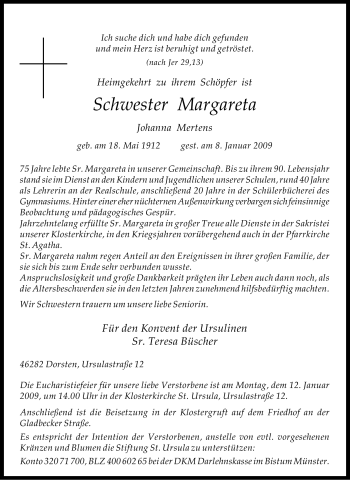 Traueranzeige von Johanna Mertens von Tageszeitung