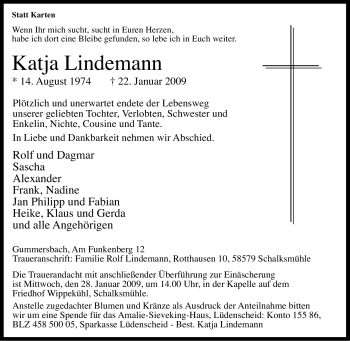 Traueranzeige von Katja Lindemann von Tageszeitung