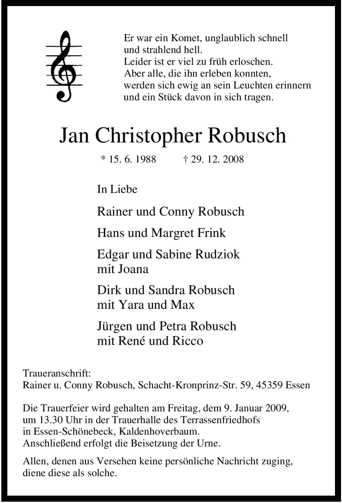  Traueranzeige für Jan Christopher Robusch vom 06.01.2009 aus Tageszeitung