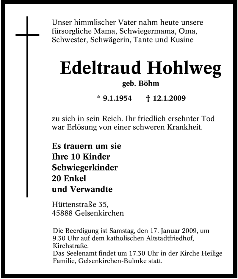  Traueranzeige für Edeltraud Hohlweg vom 14.01.2009 aus Tageszeitung