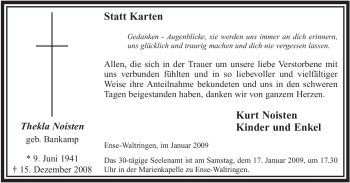 Traueranzeige von Thekla Noisten von Tageszeitung