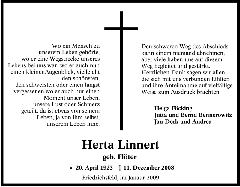  Traueranzeige für Herta Linnert vom 31.01.2009 aus Tageszeitung