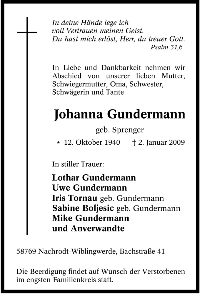  Traueranzeige für Johanna Gundermann vom 05.01.2009 aus Tageszeitung
