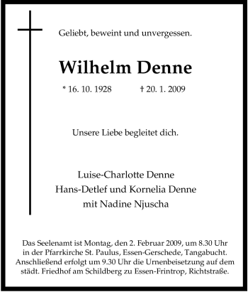 Traueranzeige von Wilhelm Denne von Tageszeitung