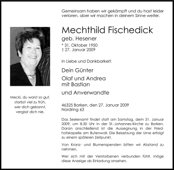 Traueranzeige von Mechthild Fischedick von Tageszeitung