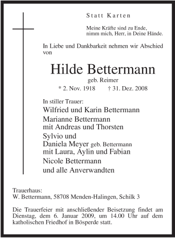Traueranzeige von Hilde Bettermann von Tageszeitung