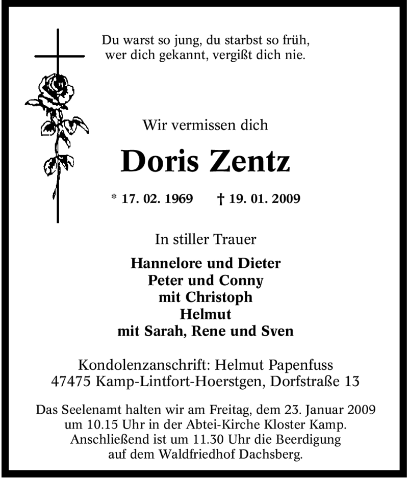  Traueranzeige für Doris Zentz vom 22.01.2009 aus Tageszeitung