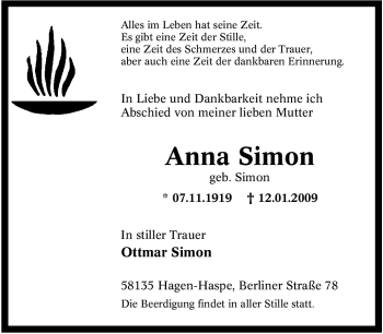 Traueranzeige von Anna Simon von Tageszeitung
