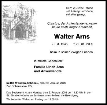 Traueranzeige von Walter Arns von Tageszeitung